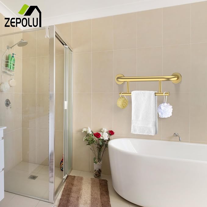 Brushed Gold Grab bar 17 inch - 1.25” Diameter, Zepolu 2-in-1 Bath Towel Bars for Bathroom, Stainless Steel Safety Assist Bar Balanced Support Handle, Wall Mounted Towel Grab Bars for Senior Handicap