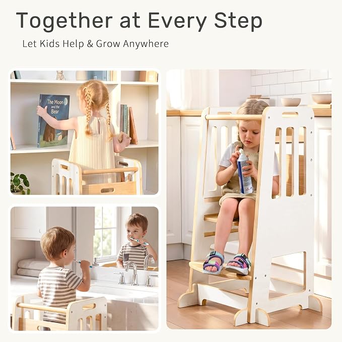 WINGYZ Toddler Tower - Anti-Tip Natural Wood Learning Stool Helper for Kids 18M-6Y, 150lb Capacity Kitchen Stool with 3-Height Adjustable Platform and Sliding Door Access, 20lb Portable Design, White