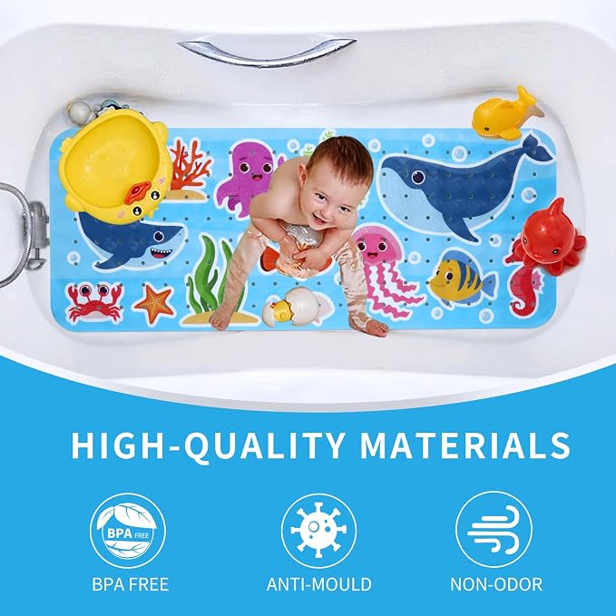 Baby Bath Mat for Tub Non Slip Kids Bathtub Mat Extra Long 40X16 Inch Toddler Bath Tub Shower Mat Anti Slip with Suction Cups & Drain Holes, Machine Washable (Whale Shark)