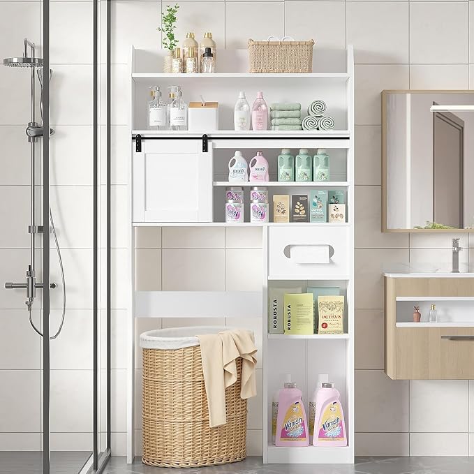 VECELO Over The Toilet Storage Cabinet with Sliding Doors, 63.8" Toilet Organizer with Adjustable Shelves, Paper Holder and Racks, for Bathroom Laundry, White