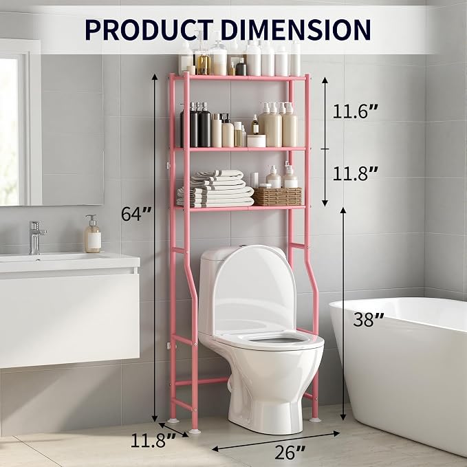 3-Tier Over The Toilet Storage, Freestanding Metal Bathroom Shelves, Space Saver Above The Over Toilet Storage Shelf for Bathroom (Pink)