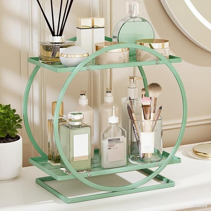 Perfume Organizer for Dresser, 2-Tier Bathroom Counter Organizers, Elegant Round Makeup Organizer for Vanity, Bathroom Organizer Countertop Shelf, Perfume Tray Skincare Storage (Green)