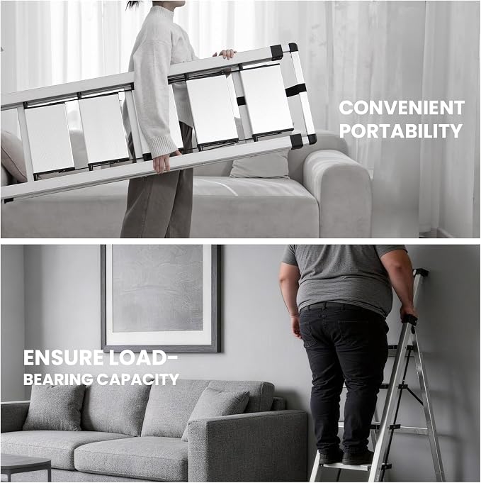 XinSunho 5 Step Ladder, Silver Aluminum Folding Stool with Retractable Handrails & Tool Tray, Anti-Slip, Sturdy Lightweight, 330lbs Safety Load for Kitchen Indoor Outdoor