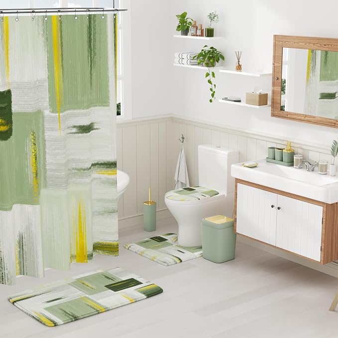 XLHOMO Bathroom Set - Sage Green Bathroom Accessories Set, Bathroom Sets with Shower Curtain and Rugs, Sage Green Shower Curtain Set with Bathroom Trash Can, Soap Dispenser, Soap Dish for Home Decor