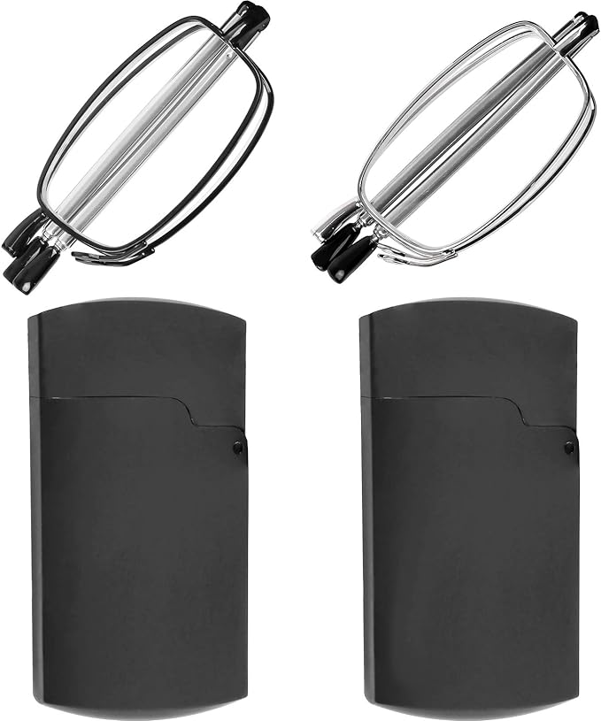 Success Eyewear Reading Glasses 2 Pair Black and Gunmetal Readers Compact Folding Unisex Glasses for Reading Case Included