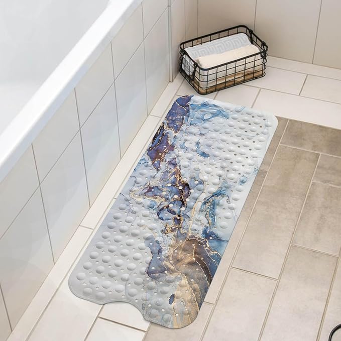 LNOND Marble Bath Tub Mat Non Slip, Extra Long 40 X 16 Inch Anti Slip Mat for Bathtub, White Blue Gold Marble Shower Mat with Drain Holes and Suction Cups, Machine Washable