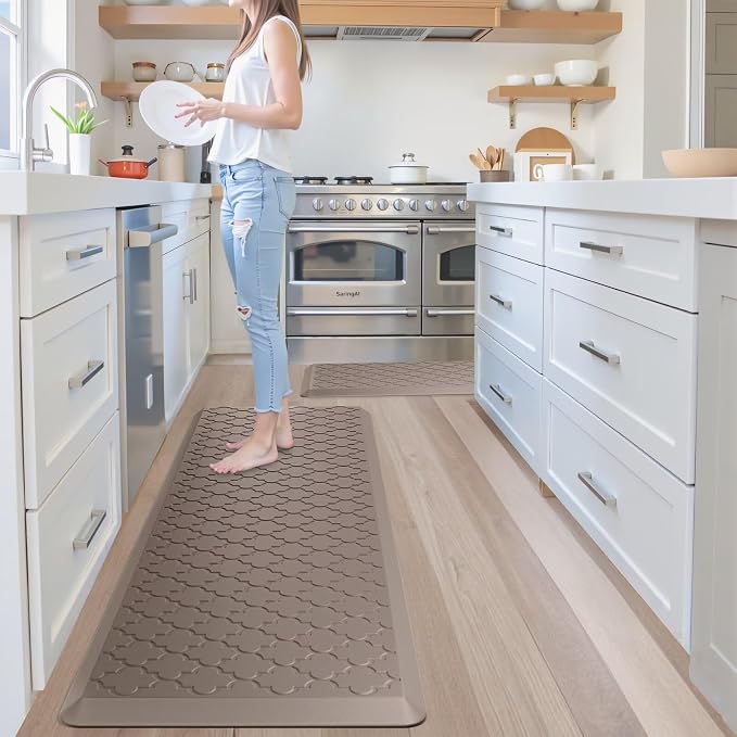 Kitchen Mats for Floor 2 Piece - Anti Fatigue Mats for Kitchen Floor - Non Slip Cushioned Rugs for Standing, Office, Sink, Laundry, Khaki