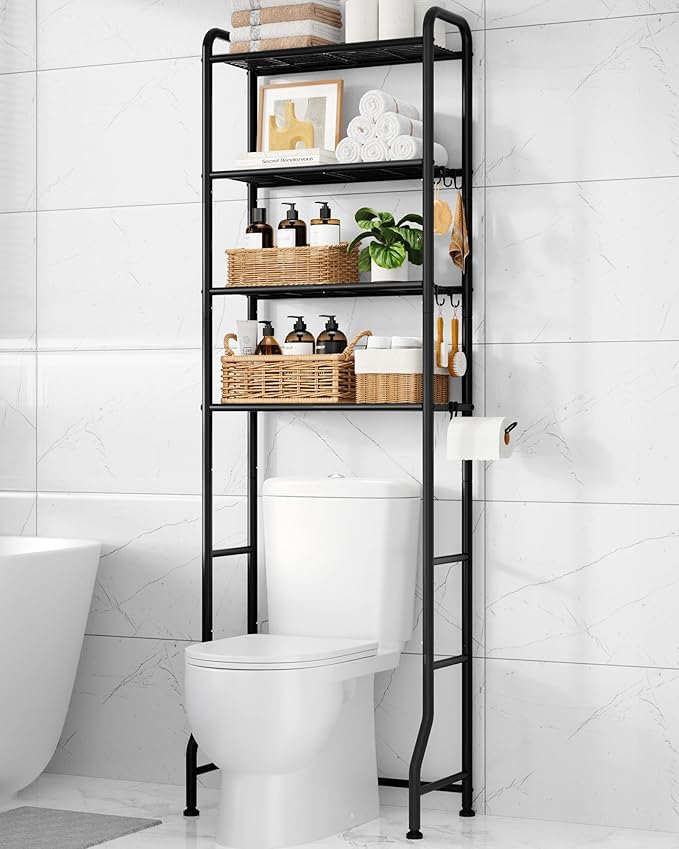 Kitsure Over Toilet Storage Rack - Metal Over Toilet Bathroom Organizer Shelf, Over the Toilet Storage Cabinet with Paper Holder and Hooks, Bathroom Cabinet for Laundry, Black, 4 Tiers (74.2" H)
