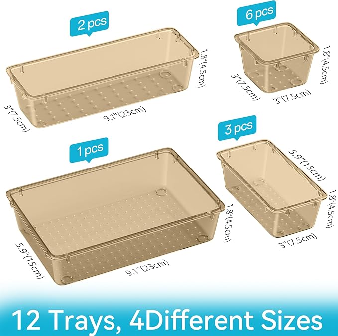 ElegantArray 12 PCS Drawer Organizer Set, 4 Sizes Tool Storage Trays, Clear Plastic Makeup Vanity Organizer and Storage Bins for Stationeries, Multiple Gadgets for Office, Bedroom, Champagne
