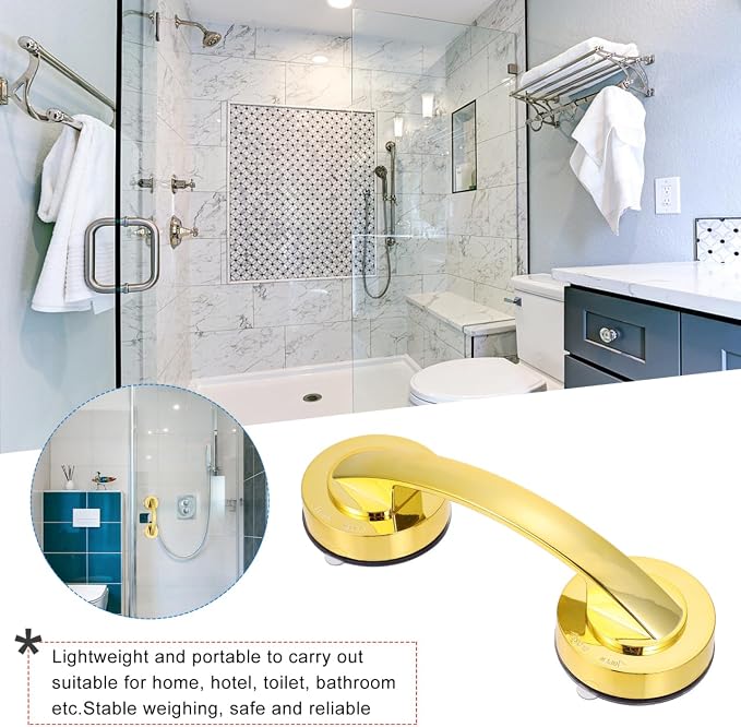 VOSAREA Golden Grab Bars for Shower, Heavy Duty Suction Cup Shower Handle, Reusable Bathroom Safety Grab Bars for Seniors and Elderly
