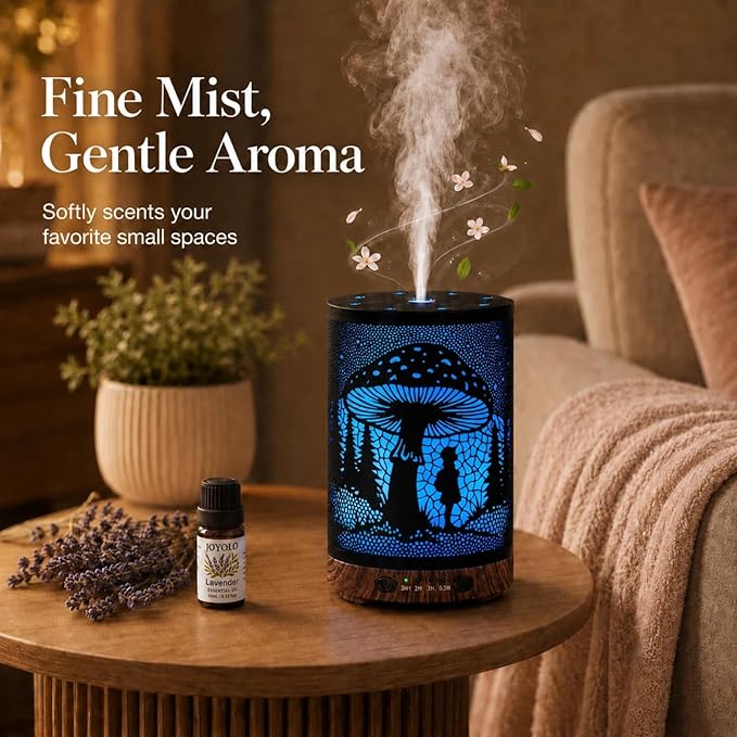 Essential Oil Diffuser 120ML Metal Aromatherapy Diffuser with Timer, Cool Mist Humidifier with Auto Shut-Off & 7 Color Lights for Home Office Spa (Mushroom Girl)