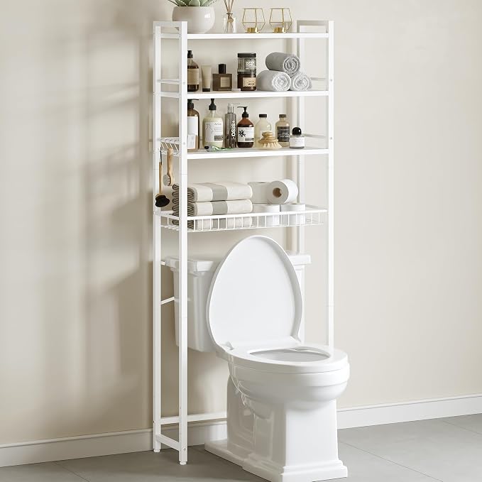 Over The Toilet Storage Shelf, 4-Tier Bathroom Organizer with Basket & Hooks, Sturdy Space Saver for Small Bathrooms, White