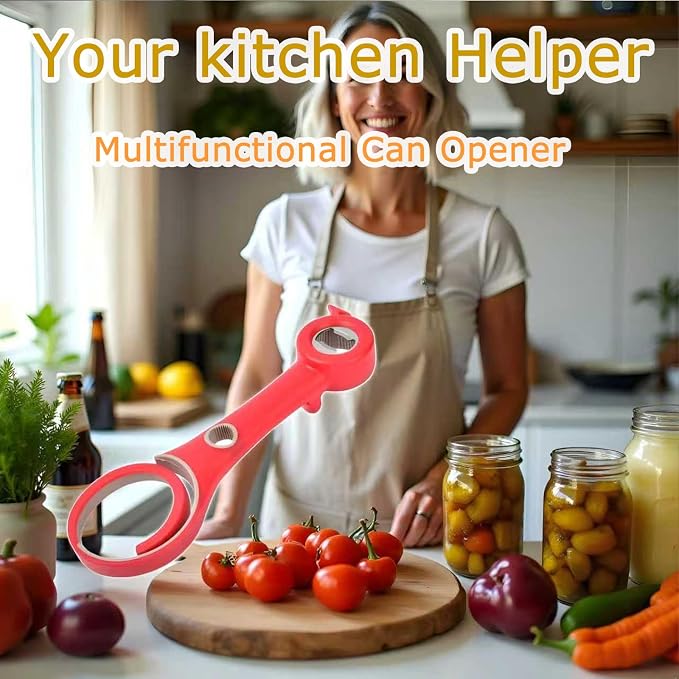 6in-1 Multi Functional Can Opener, Easy to Open Can/Beer/Jam Bottle Caps, labor-saving and anti slip handle, suitable for kitchen can openers, pull tab cans, vacuum caps, and twist caps(Red)