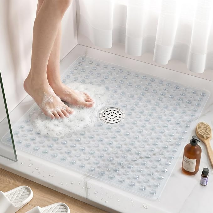 HITSLAM Non Slip Shower Stall Mat with Center Drain Hole, Diamond Textured PVC Bath Mat for Inside Shower, Machine Washable, Strong Suction Cups for Bathroom Bathtub Mat, 24x24 Inch, Clear