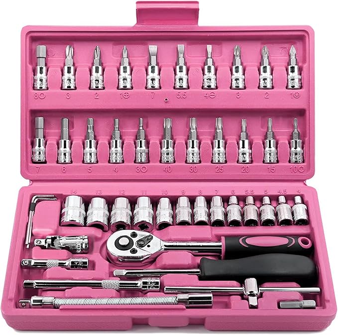 Egofine 46 Pieces 1/4 inch Drive Socket Ratchet Wrench Set, with Bit Socket Set Metric and Extension Bar for Auto Repairing and Household, with Pink Storage Case