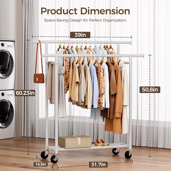 HYSEYY Clothes Rack, Double Rods Rolling Clothing Rack for Hanging Clothes, Portable Garment Rack with Wheels, Coat Rack Wardrobe Closet Load 240 LBS for Bedroom Laundry Room (White, L)