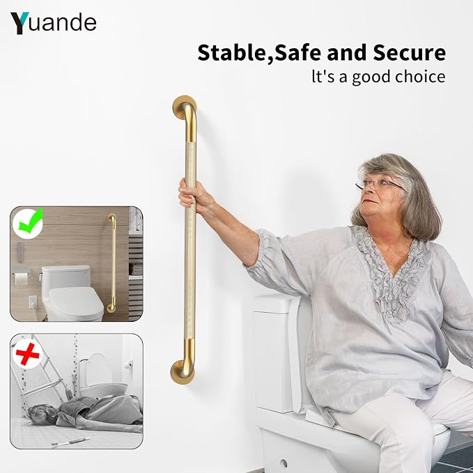 32 Inch Brushed Gold Shower Grab Bar with Anti-Slip Knurled Grip,YuanDe Stainless Steel Bathroom Grab Bars，Shower Handrail Support, Handicap Elderly Balance Assist Handles