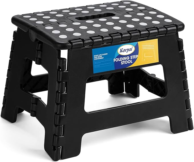 Korpai 9" Folding Step Stool for Adults,Kids,Non-Slip Folding Stools with Portable Handle,Plastic Foldable Step Stool for Kitchen ect,Black,1PC