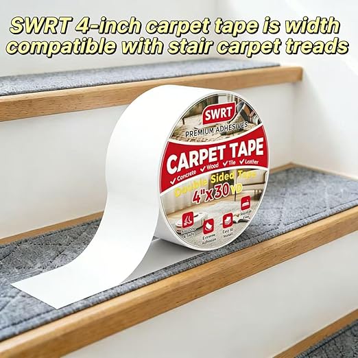 SWRT Carpet Tape Double Sided, 4 in x 30 Yards – Carpet Adhesive for Hardwood Floors, Heavy Duty Anti Slip Rug Grip Tape, Works as Rug Grippers, Residue Free, Wood Safe, Easy Removal for Tile