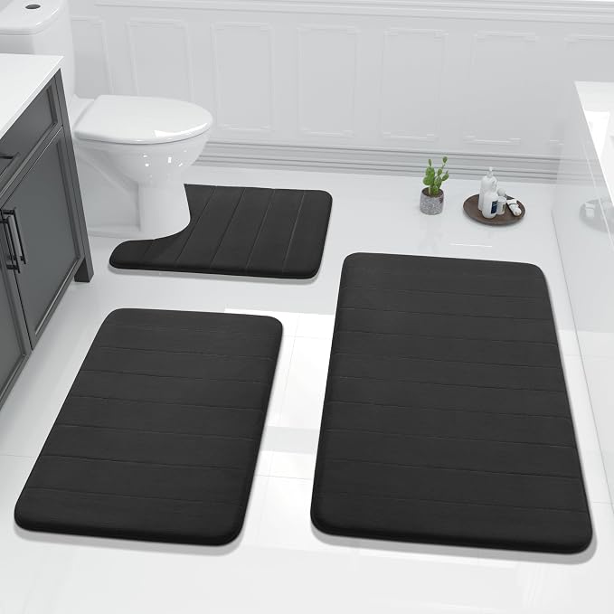 Yimobra 3 Pieces Memory Foam Bath Mat Set with U-Shaped Toilet Rug - Non Slip Super Soft Absorbent Quick Dry Bathroom Rugs for Bathtub, Vanity & Toilet Base, Black