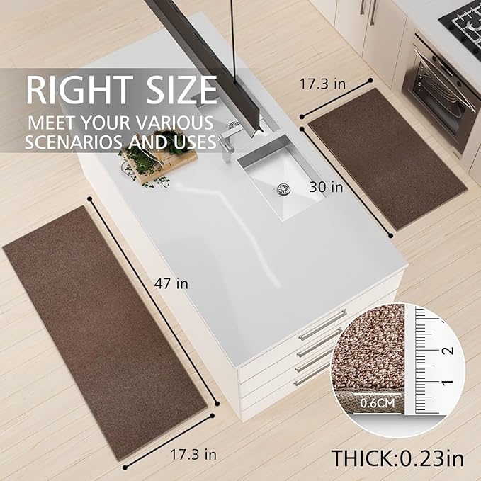 SUMLANS Kitchen Mat Set of 2 PCS, Cushioned Non Slip Rugs for Kitchen Floor, Absorbent Runner Comfort Standing Mats Washable for Kitchen, Office, Home (Brown-Velvet, 17.3"x47"+17.3"x30")