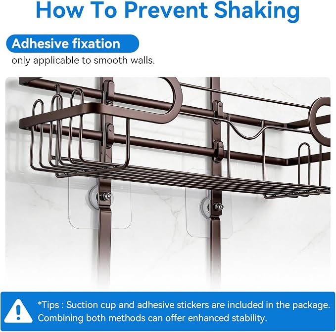 Shower Caddy Hanging, Over Head Shower Caddy Shower Storage Rack Basket with Hooks for Razor and Sponge Rustproof, No Drilling, Accessories for Bathroom and Kitchen, Bronze