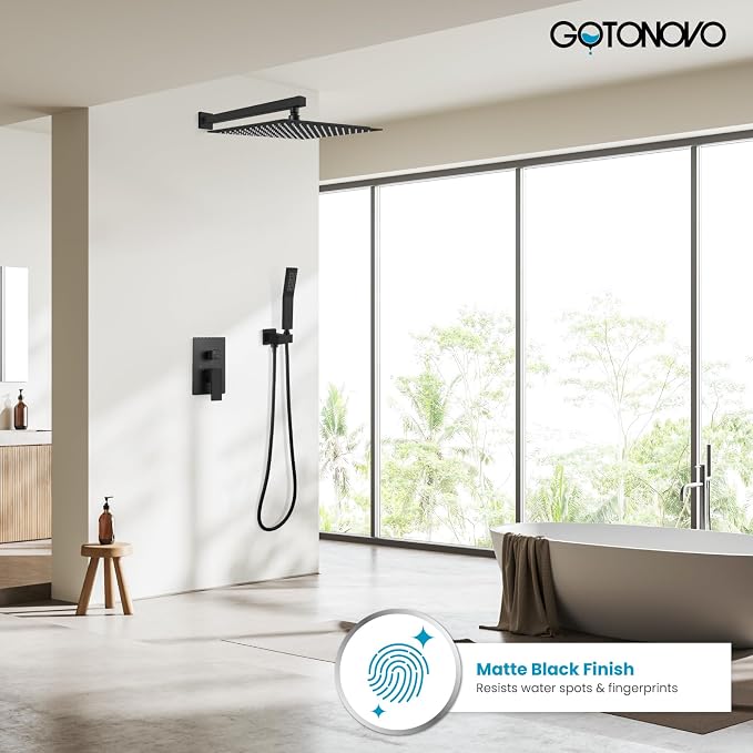 gotonovo Rainfall Bathroom Shower System Rain Shower Head and Handle Set Wall Mounted Shower Complete Combo Solid Brass Pressure Balancing Shower Mixer Valve 16 Inch Matte Black