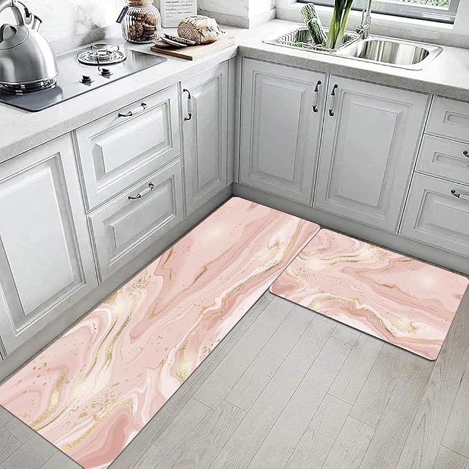 Mrcrypos Pink Gold Marble Kitchen Mats for Floor Set of 2 PVC Kitchen Rug Waterproof Cushioned Anti Fatigue Comfort Mat Non Slip Standing Mat Laundry Kitchen Accessories 17"x29"+17"x47"