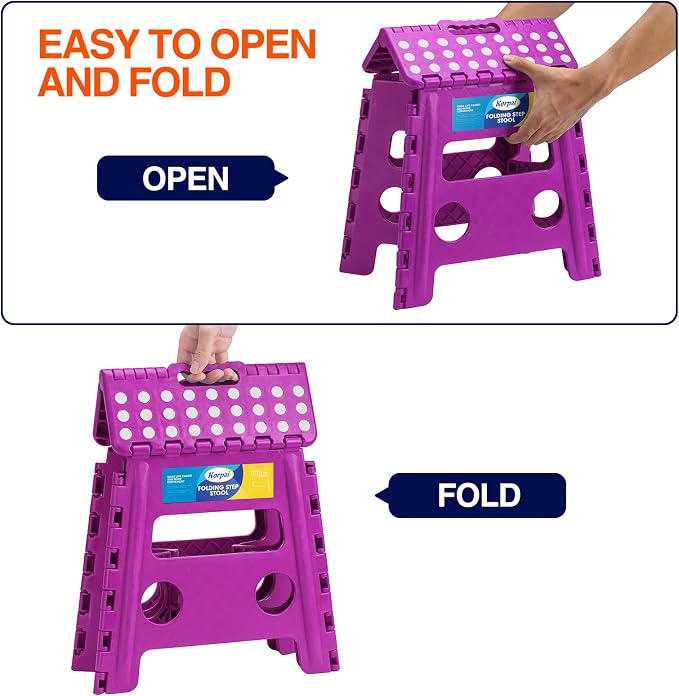 Korpai 13" Folding Step Stool for Adults and Kids Holds Up to 300 lbs,Non-Slip Folding Stools with Portable Handle, Compact Plastic Foldable Step Stool for Bathroom,Bedroom, Kitchen, Purple,1PC