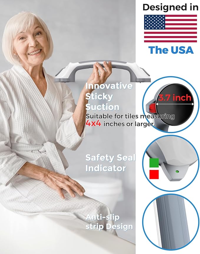 2 Pack 16.5" Suction Grab Bars for Showers with Visual Safety Indicator, No-Drill 4mm Thickened Handicap Shower Handle for Seniors, Non-Slip Bathroom Balance Rail for Smooth Tiles & Tubs