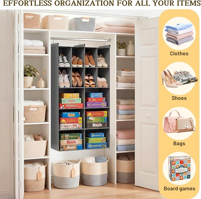 Ofiray-home 5 Tier Hanging Closet Organizer, 14 Compartments Sweater Organizer for Closet with 3 Sturdy Hooks, Closet Organizers and Storage, Wardrobe, Rv, Garment Rack, Grey