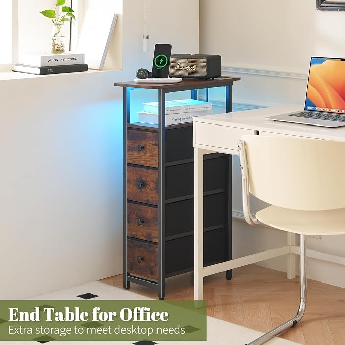 Yoobure LED Narrow Nightstand with Charging Station - Slim Dresser for Bedroom Narrow Side Table Storage Cabinet, Small Dressers Chest of Drawers, Tall Skinny Night Stand End Table for Small Spaces