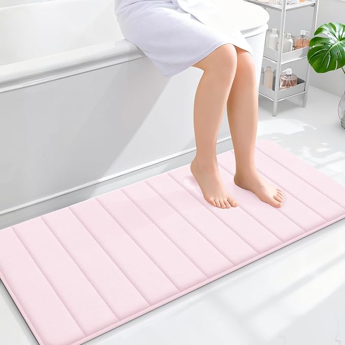OLANLY Memory Foam Long Bathroom Rugs Runner 47x20, Super Soft Absorbent Bath Mat, Quick Dry, Machine Washable Shower Floor Rugs, Bathmat Carpet, Bathroom Home Decor Accessories, Pink