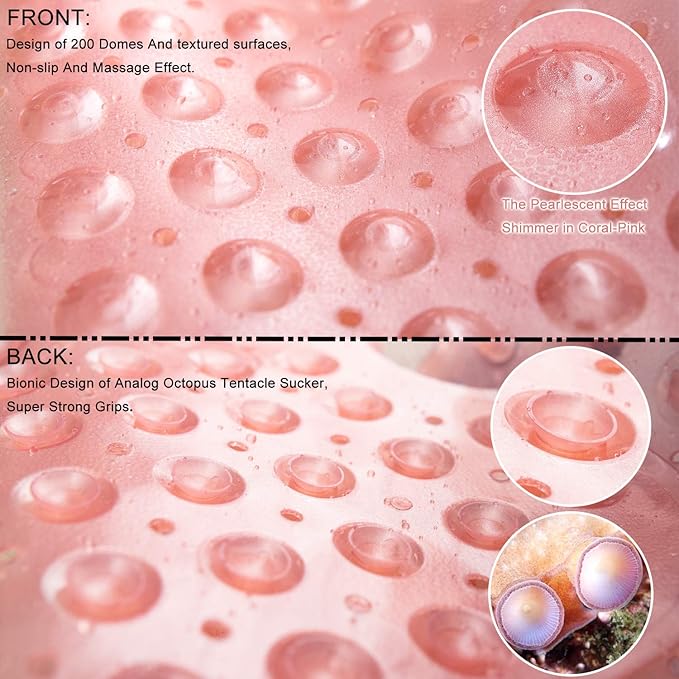 TEESHLY Bathtub Mats for Shower Tub, Extra Long Non-Slip 39 x 16 Inch Bath Mat with Drain Holes and Suction Cups, BathMat for Bathroom with Machine Washable (Clear Coral Pink)