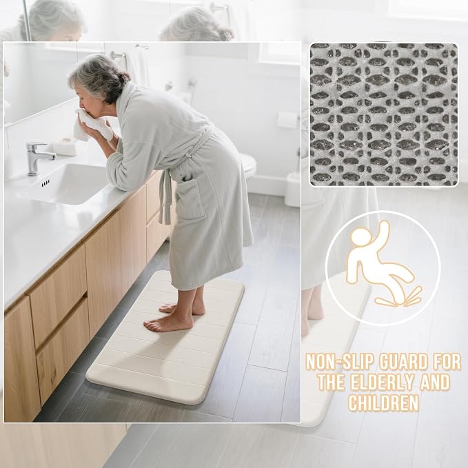 Yimobra Memory Foam Bath Mat Set 2 Piece - Super Soft Absorbent Quick Dry Bathroom Toilet Rugs, Machine Washable Non Slip Floor Carpet for Tub Shower & Single Sink (31.5x20 & 24x20, Cream White)