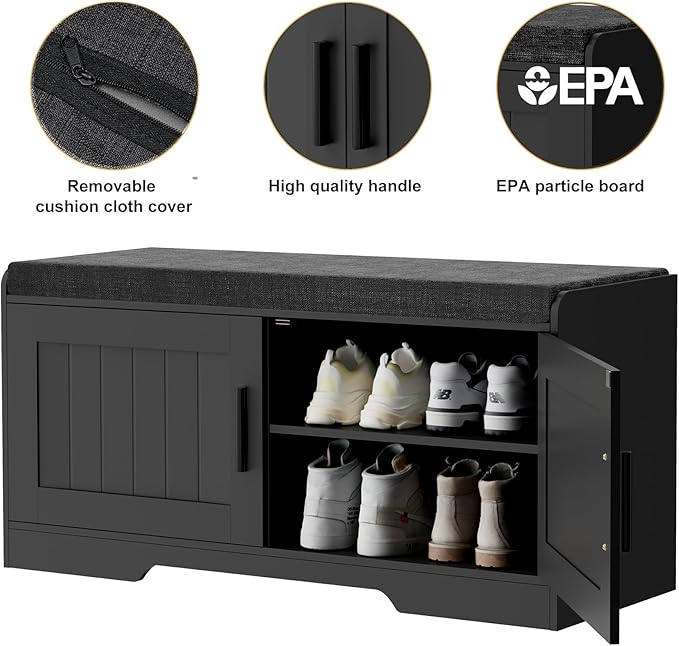 Homleke 2-Tier Storage Bench, Shoe Bench with Thickened Padded Seat Cushion, Entryway Bench with 2 Doors, Adjustable Shelf, 13.8" D x 37.4" W x 18.5" H, for Entryway, Living Room, Bedroom, Black