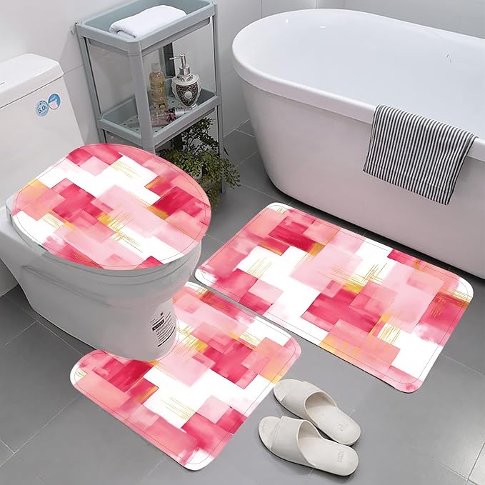 Yddsky 4 Pcs Pink and Gold Geometric Shower Curtain Sets Non-Slip Bath Rugs, Bathroom Accessories,Bathroom Sets with Shower Curtain and Rugs, Pink Geometric Modern Bathroom Decor with 12 Hooks