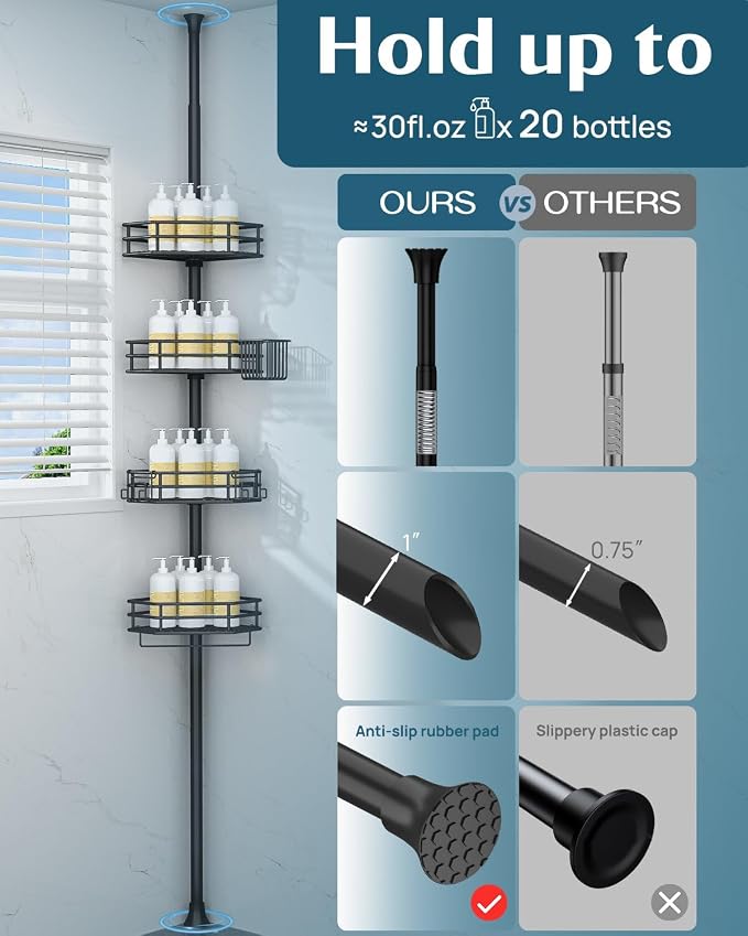 SEIRIONE Corner Shower Caddy Tension Pole, Quick Setup, Rust-Free Bathroom Shower Organizer Corner for Bathtub Shampoo Storage, 4-Tier Adjustable Shelf, Drill Free, Fits 34 to 116 Inch Height, Black