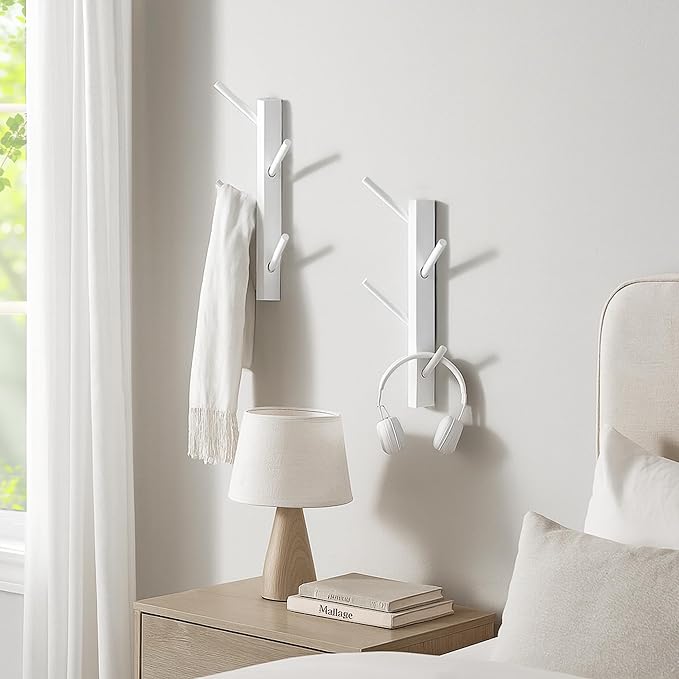 TIOPGHAD 2 Pack Small Vertical Coat Rack Wall Mount, Bamboo Coats Hooks Clothes Holder Hanger for Wall Coat Hat Jacket Clothing Bathroom Robes Entryway(White)