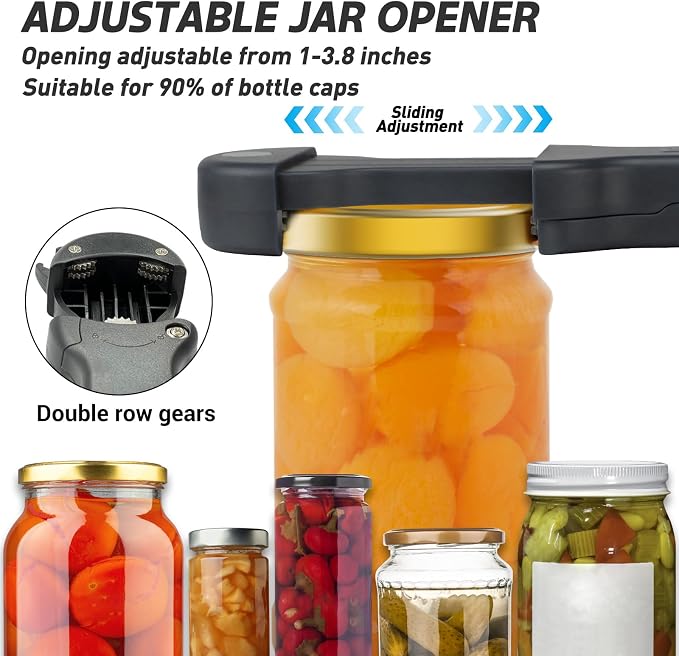 Jar Opener for Seniors with Arthritis, 7 in 1 Bottle Opener and Wine Corkscrew, Easy Grip Kitchen Gadget for Weak Hands Elderly, Retractable Jaw Lid Opener with Magnetic Storage (Black)
