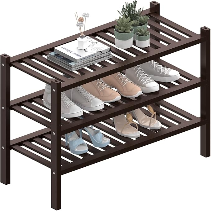 ROMGUAR CRAFT 3 Tier (Thick) Bamboo Shoe Rack for Closet Free Standing Wood Shoe Shelf for Entryway Small Space Stackable 27"x12"x21" (Black Brown)