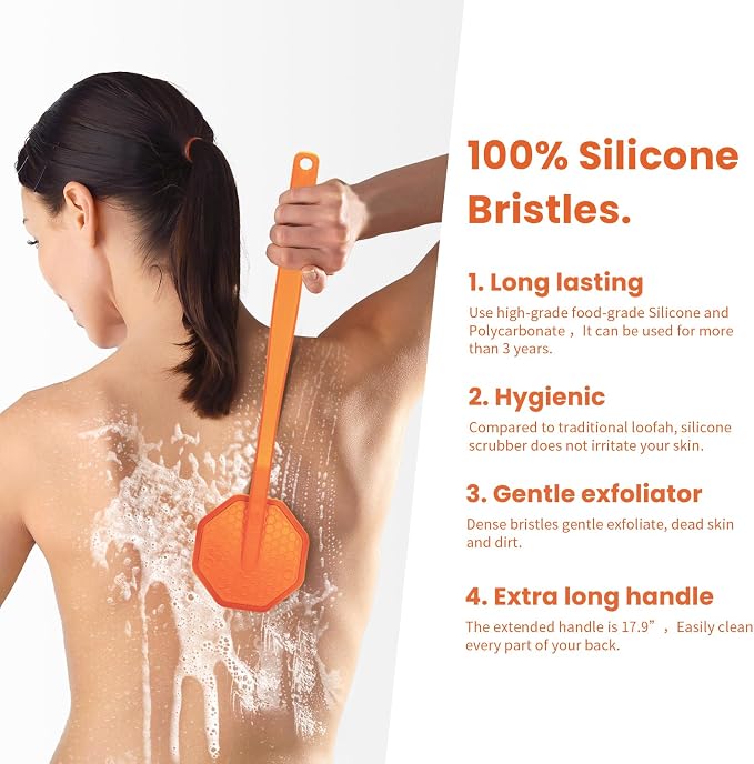 iTokGoK® Silver-Infused Silicone Back Scrubber with Long Handle Back Brush for Shower,Back Brush Long Handle for Men and Women,Ergonomic No-Slip Handle, Long-Lasting (Orange)