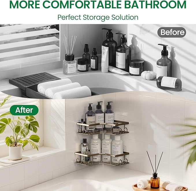 Adhesive Shower Caddy, 4 Pack Corner Bath Organizer, Rustproof Stainless Steel Shower Shelves with Large Capacity, No Drilling Shelves for Bathroom Storage, Home, Kitchen Decor(Brown).