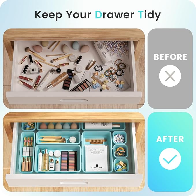 A-LuGei 【Military Grade】 Drawer Organizer, 【𝟱𝗦𝗶𝘇𝗲】 Makeup organizer, 【Holds 177 Items】 Bathroom Organizers and Storage, Organization and Storage, Desk Drawer Organizer for Vanity (Blue)
