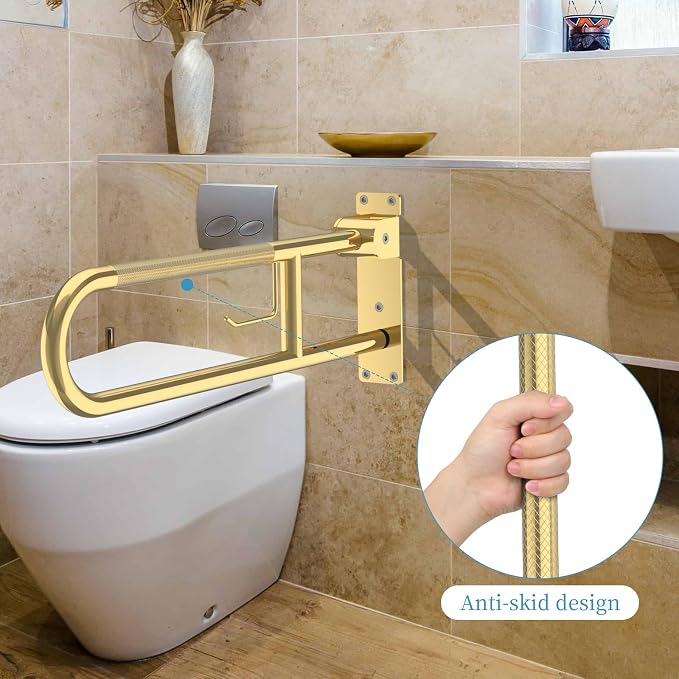 Toilet Grab Bar 32 Inch Gold, Munzong Anti-Slip Handicap Grab Bars with Paper Holder, Flip-Up Bathroom Safety Rails, Stainless Steel Knurled Support handrails for Seniors Elderly Disabled Pregnant