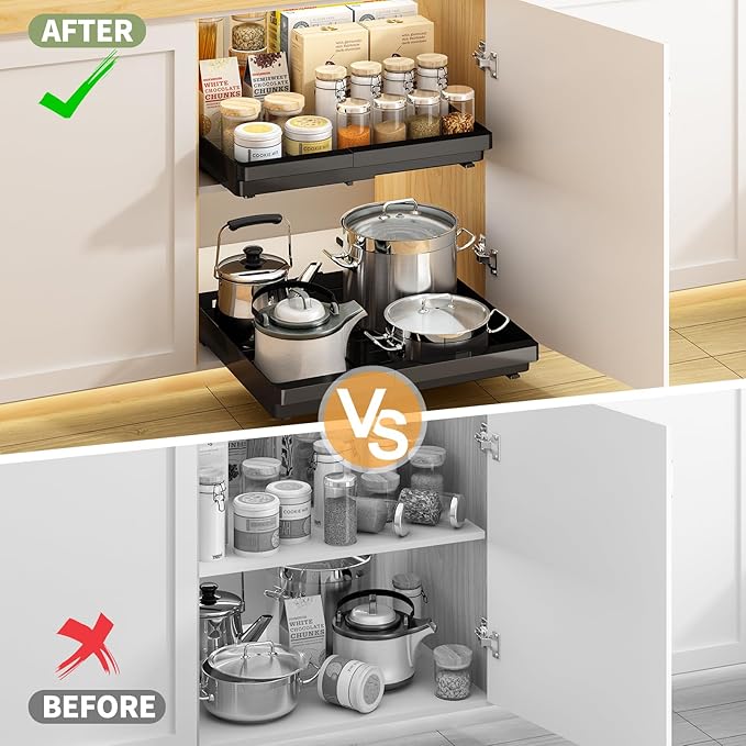 2 Pack Pull Out Cabinet Organizers Expandable (11.6''-17.5''), Plastic Slide Out Drawers for Kitchen, Bathroom, Pantry, Under Sink Storage, Pull Out Drawers Fixed with Adhesive Nano Film (Black)