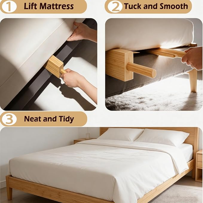 Mattress Lifter & Sheet Tucker Tool Set, Mattress Wedge Elevator, Bed Sheet Tucking Paddle, Used for Lifts & Holds The Mattress, Tucks Sheets, Removes Sheets, Alleviating Back Pain (Bamboo Wood)