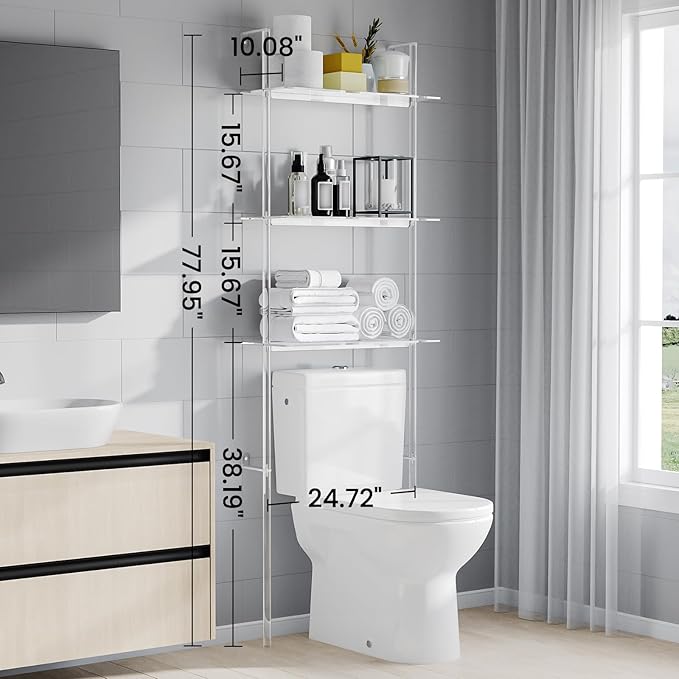 Sumerflos Acrylic Over The Toilet Storage Shelf - 3 Tier Clear Over-The-Toilet Bathroom Organizer Rack Above Toilet Shelves Standing for Bathroom Living Room Bedroom Modern