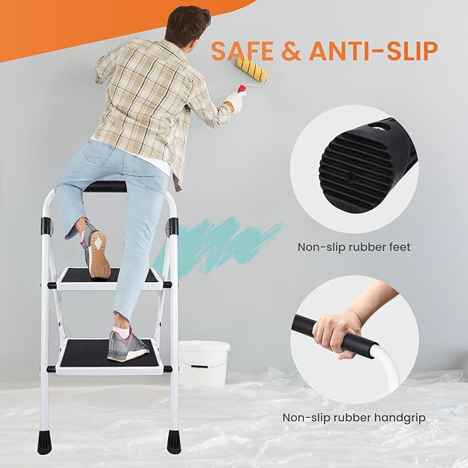 Sweetcrispy 2 Step Ladder, 330lbs Folding Step Stool with Wide Anti-Slip Pedal, Sturdy Ladder, Convenient Handrail, Lightweight, Portable Stepping Stool, Black
