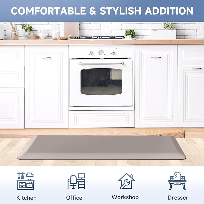 StepRite 4/5 Inch Thick Kitchen Mat Anti Fatigue Mat Kitchen Rugs Kitchen Decor Non-Slip, Stain & Water Resistant, Kitchen Mats Desk Mat for Kitchen, Office, Workshop, Khaki, 17'' x 47''